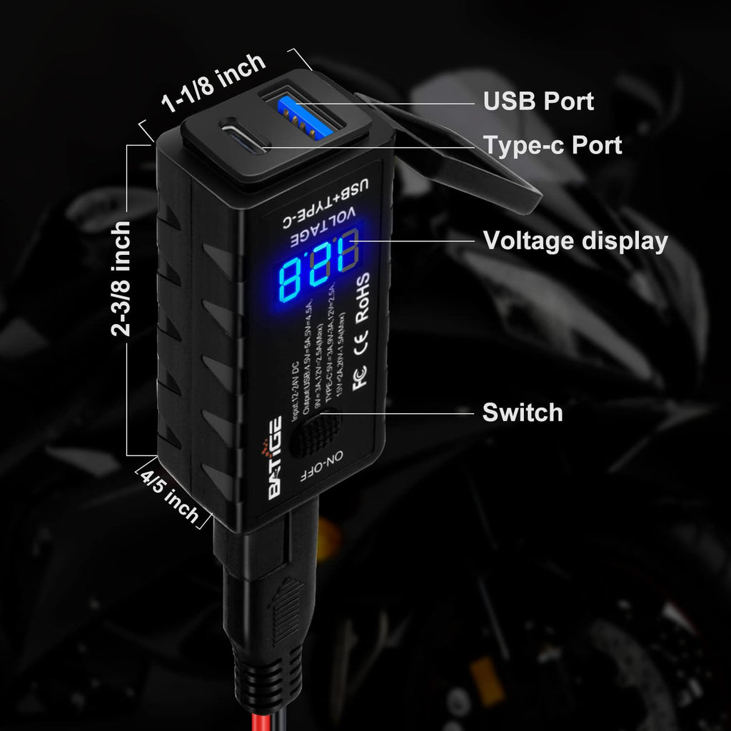 BATIGE Motorcycle USB Charger SAE to USB Adapter Type C and USB 3.0