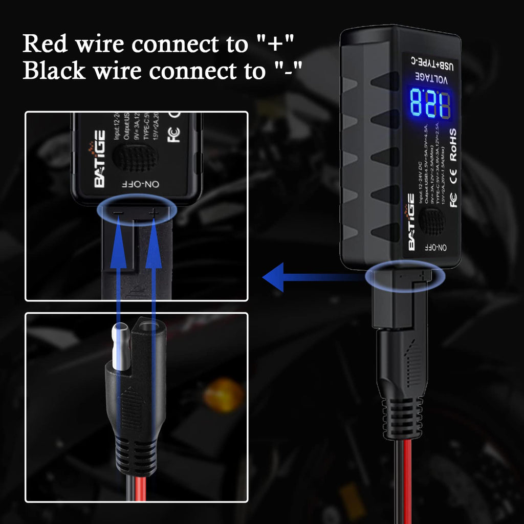 BATIGE Motorcycle USB Charger SAE to USB Adapter Type C and USB 3.0