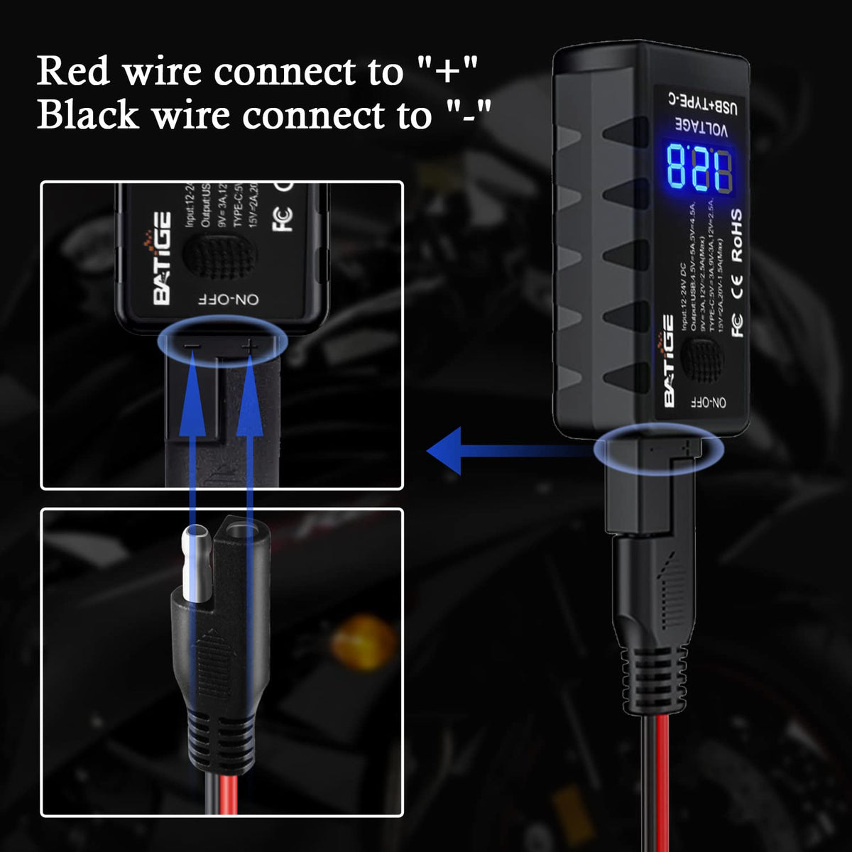 BATIGE Motorcycle USB Charger SAE to USB Adapter Type C and USB 3.0