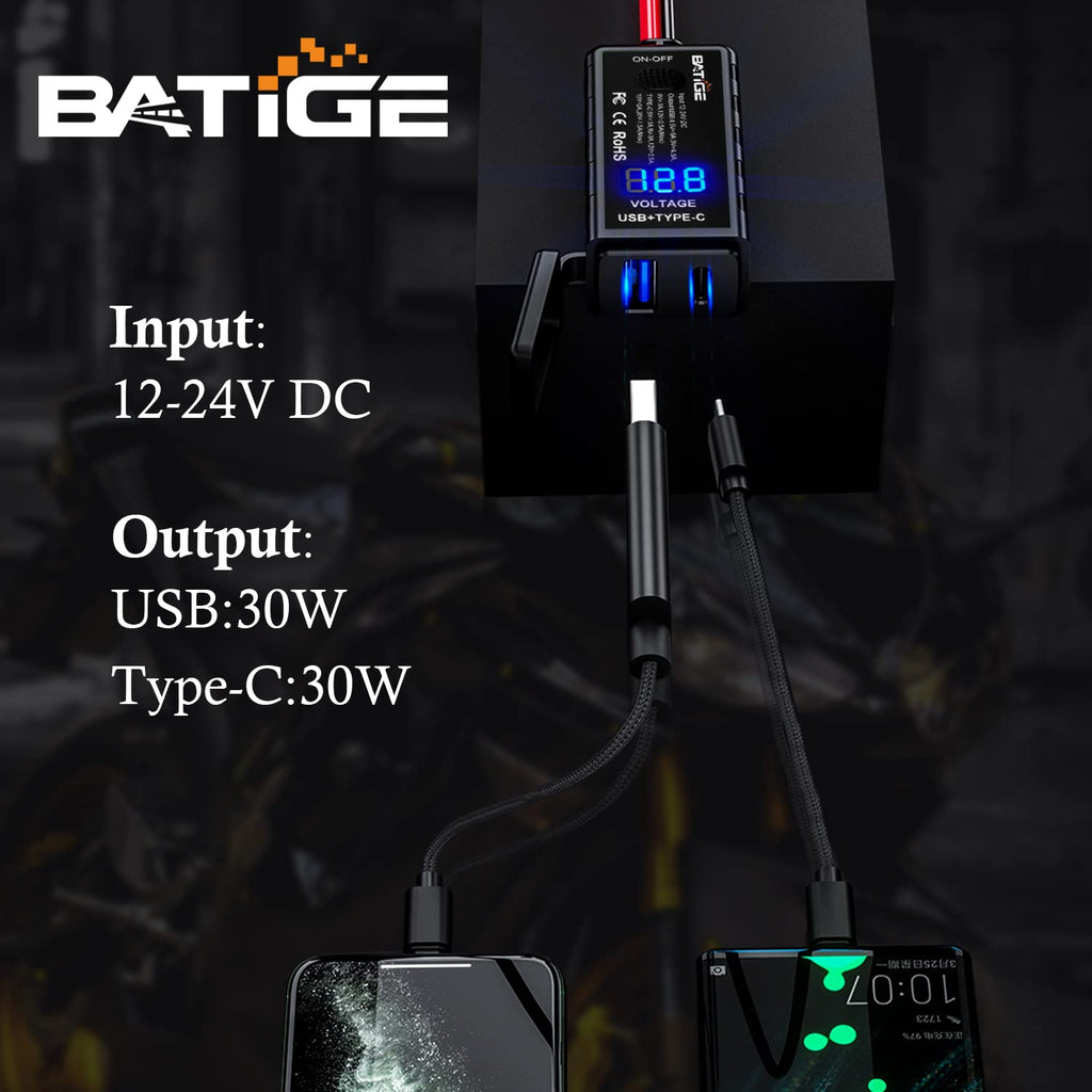 BATIGE Motorcycle USB Charger SAE to USB Adapter Type C and USB 3.0