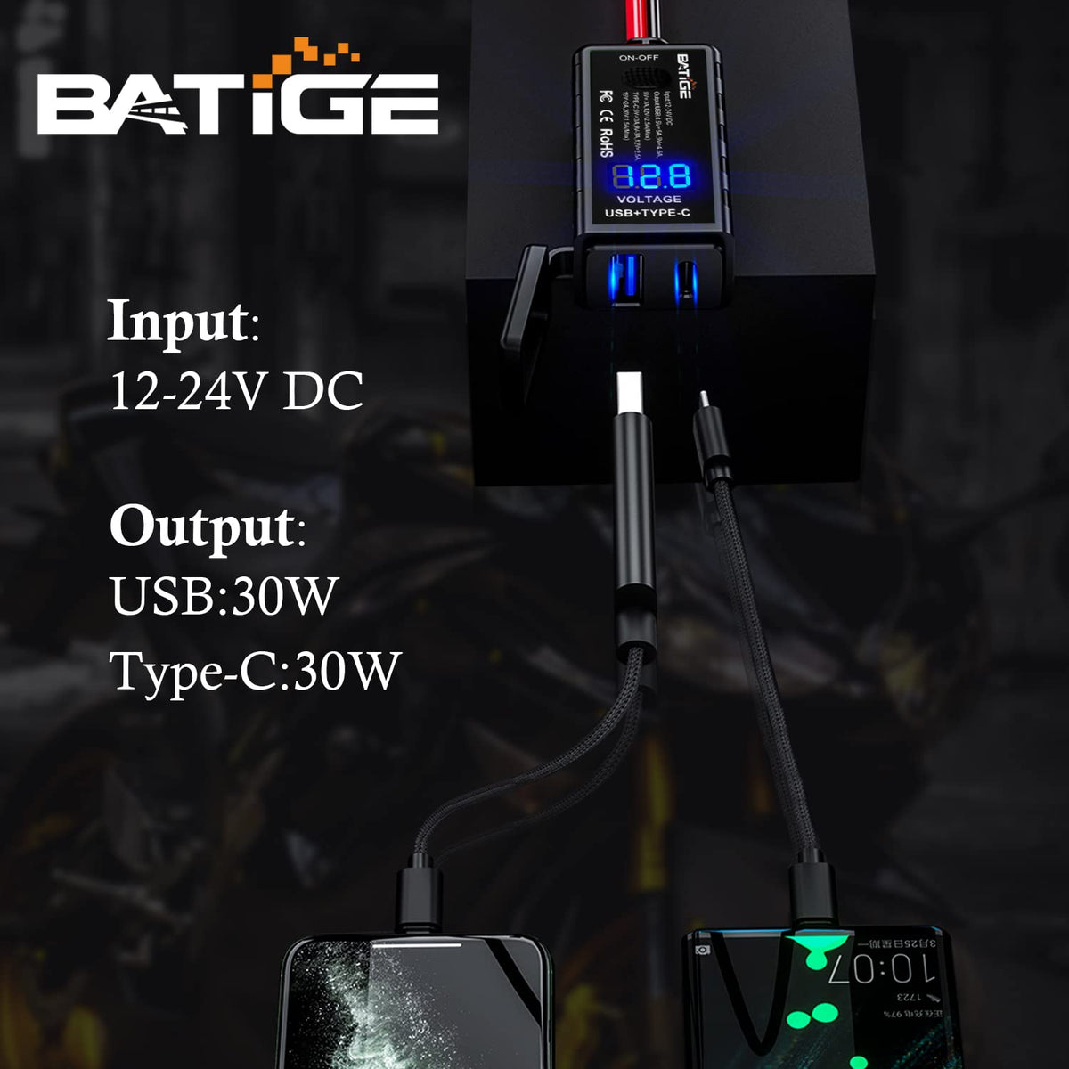 BATIGE Motorcycle USB Charger SAE to USB Adapter Type C and USB 3.0