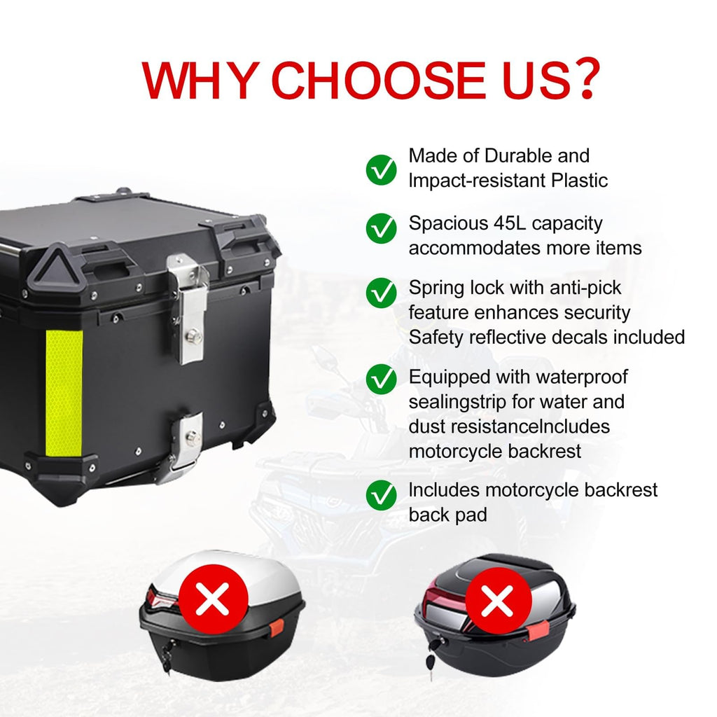 Waterproof Aluminum Motorcycle Top Box – 45L with Lock & Backrest