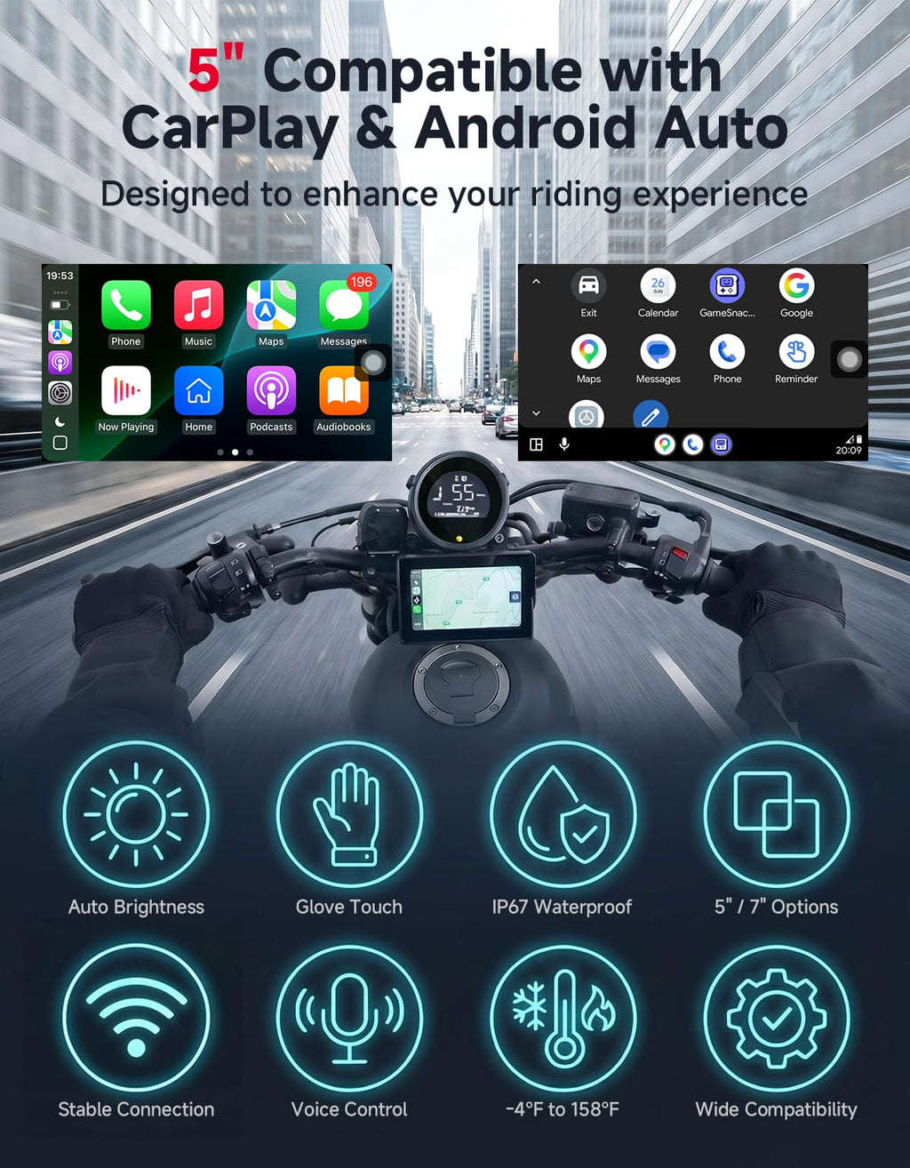 Motorcycle GPS Navigation Display – Wireless CarPlay & Android Auto