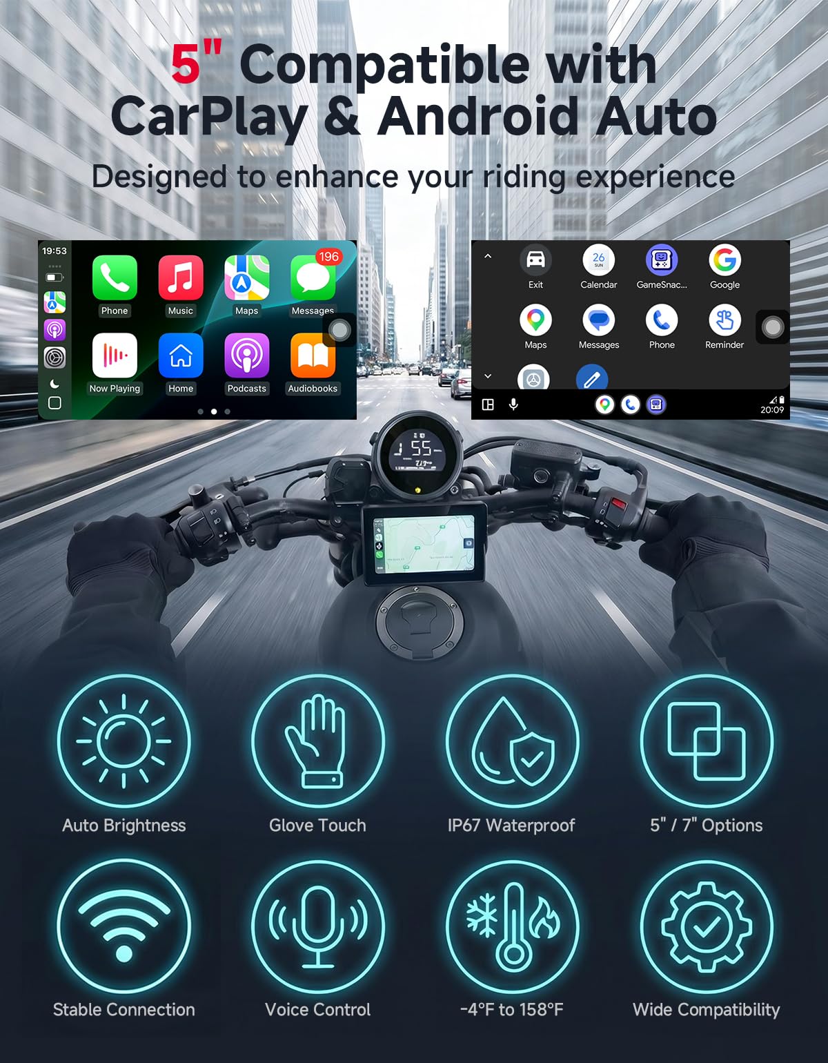 Motorcycle GPS Navigation Display – Wireless CarPlay & Android Auto