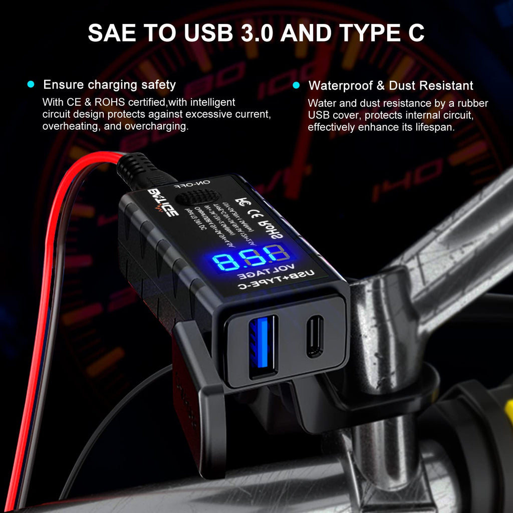 BATIGE Motorcycle USB Charger SAE to USB Adapter Type C and USB 3.0