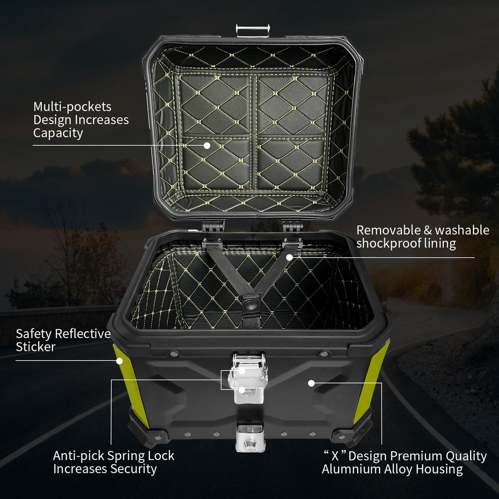 Waterproof Aluminum Motorcycle Top Box – 45L with Lock & Backrest