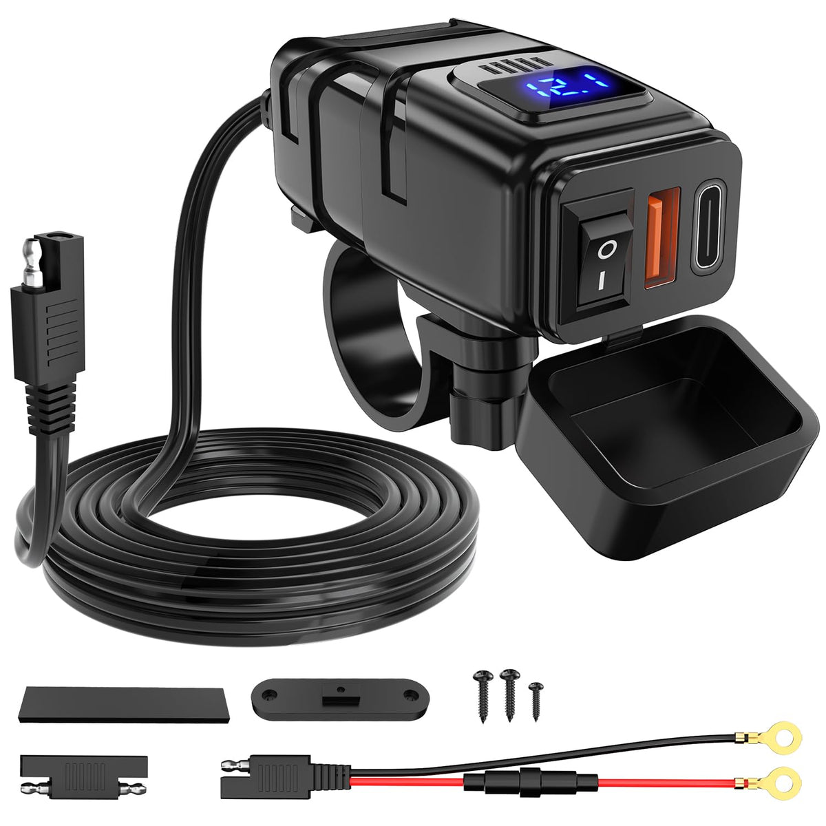 Waterproof Motorcycle Dual USB Charger – Voltmeter & On/Off Switch