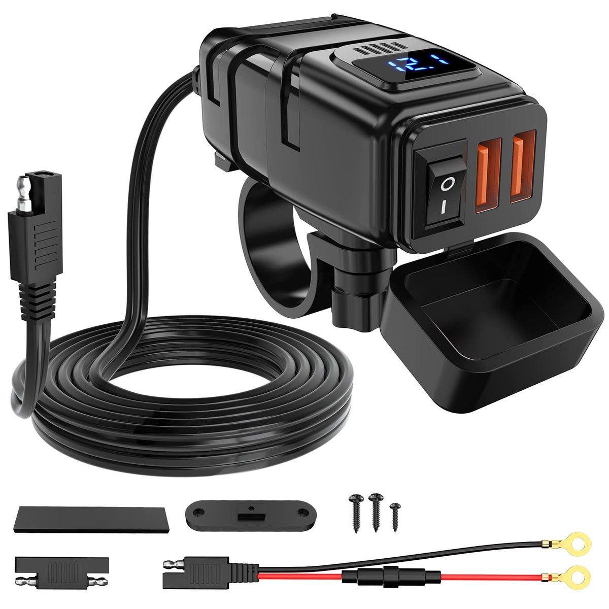 Waterproof Motorcycle Dual USB Charger – Voltmeter & On/Off Switch