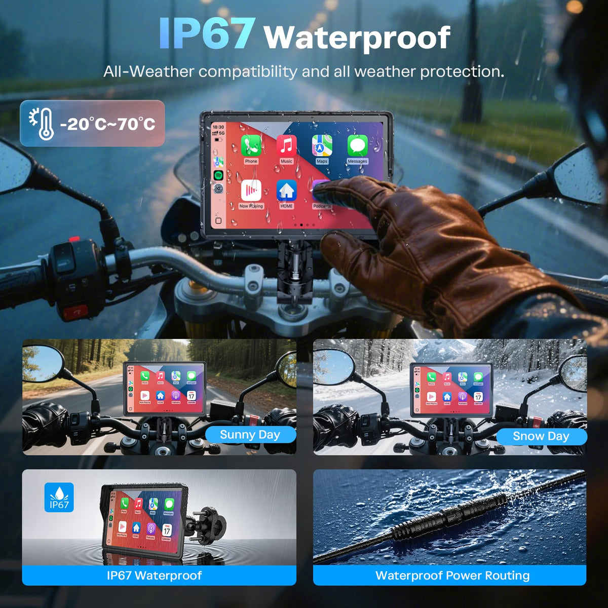 WonVon Motorcycle GPS CarPlay Waterproof Touch Display